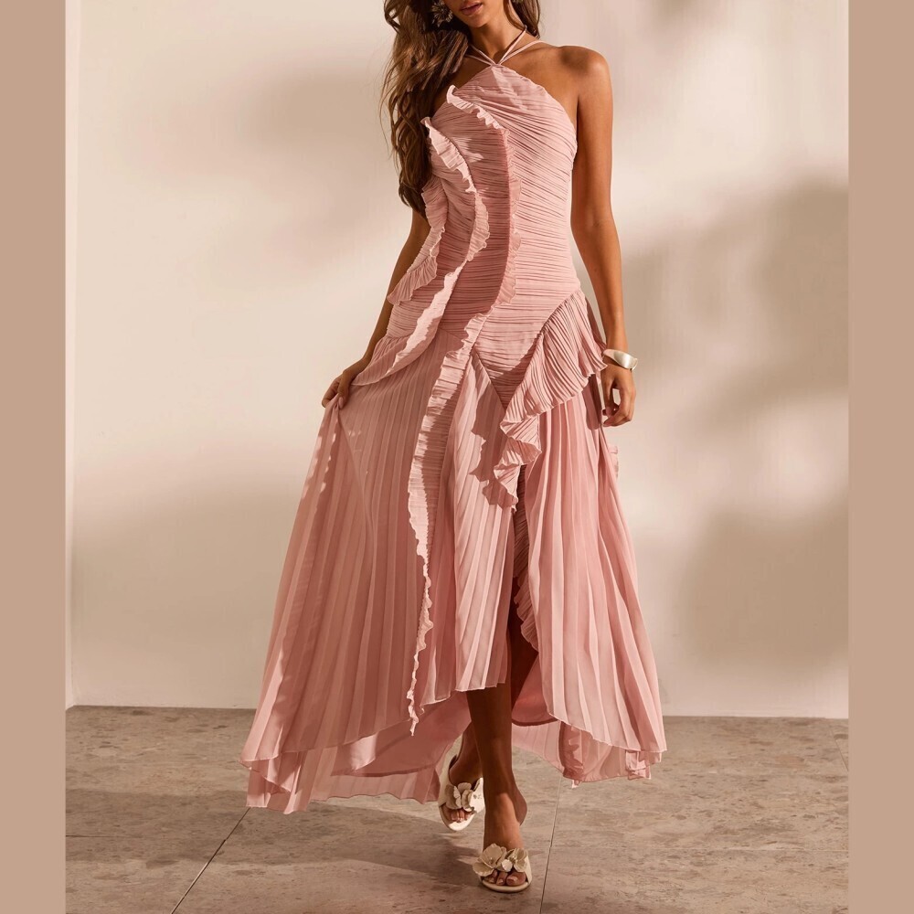 Dusty Pink Pleated Halter Ruffle Trim Slim Fit Asymmetric Maxi Dress